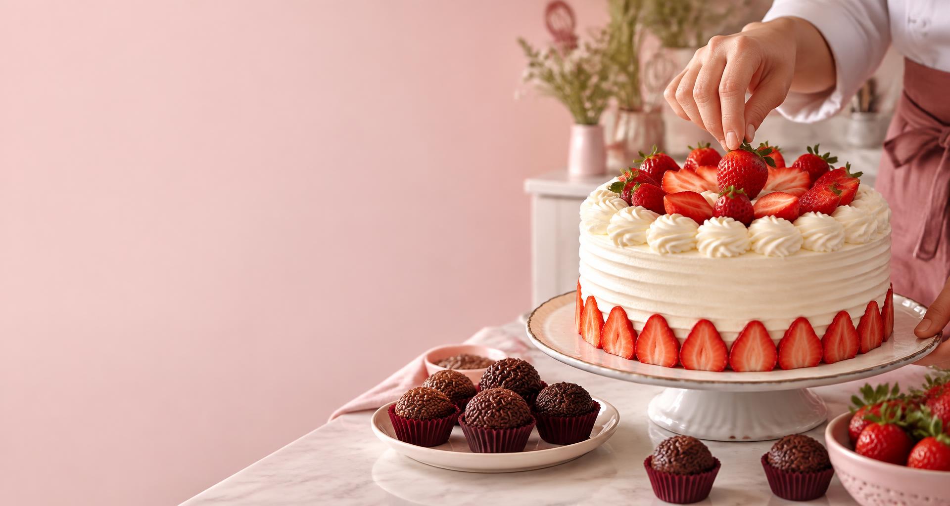 Confeiteira finalizando um bolo de morangos, ao lado de brigadeiros artesanais